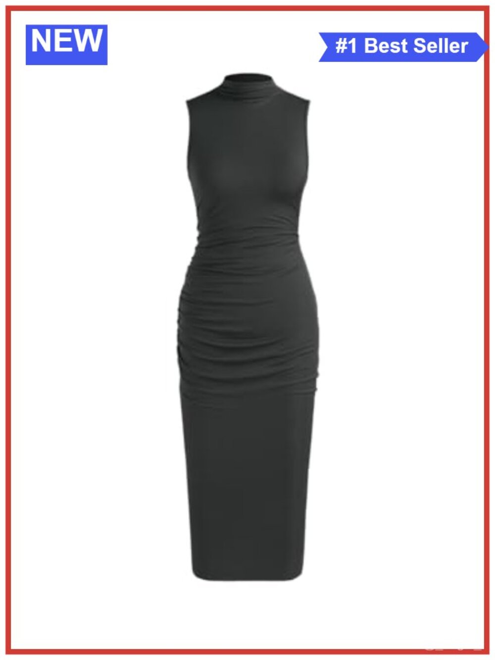 Women's Bodycon Midi Dress Mock Neck Sleeveless Ruched Cocktail Work